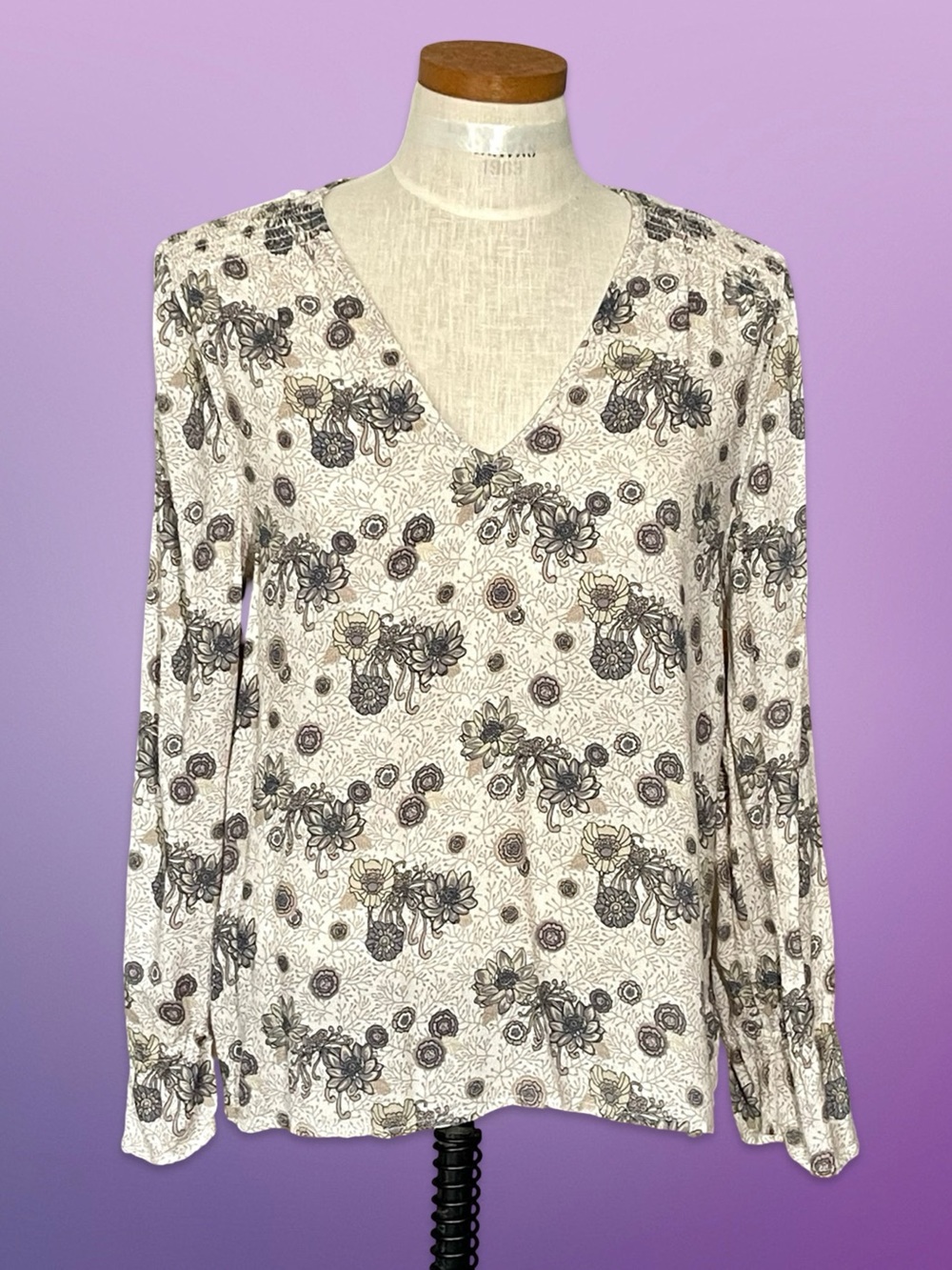 Lucky Brand Ruched Floral Peasant Blouse Boho V-Neck Cream Grey SzM